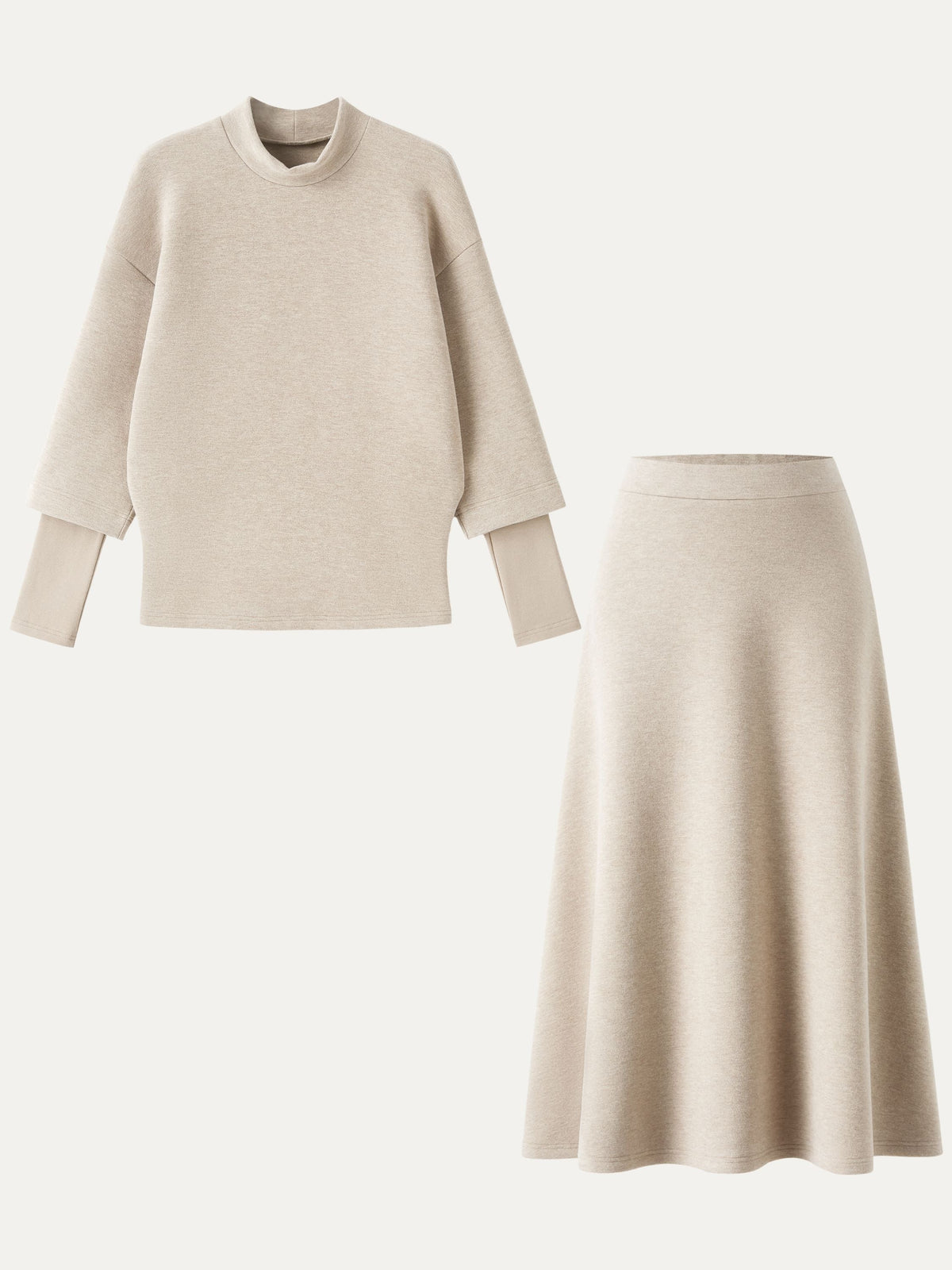 2Pcs Set FuzzLuxe Mockneck Sleeve-Warmer Top &  Midi A-line Circle Skirt