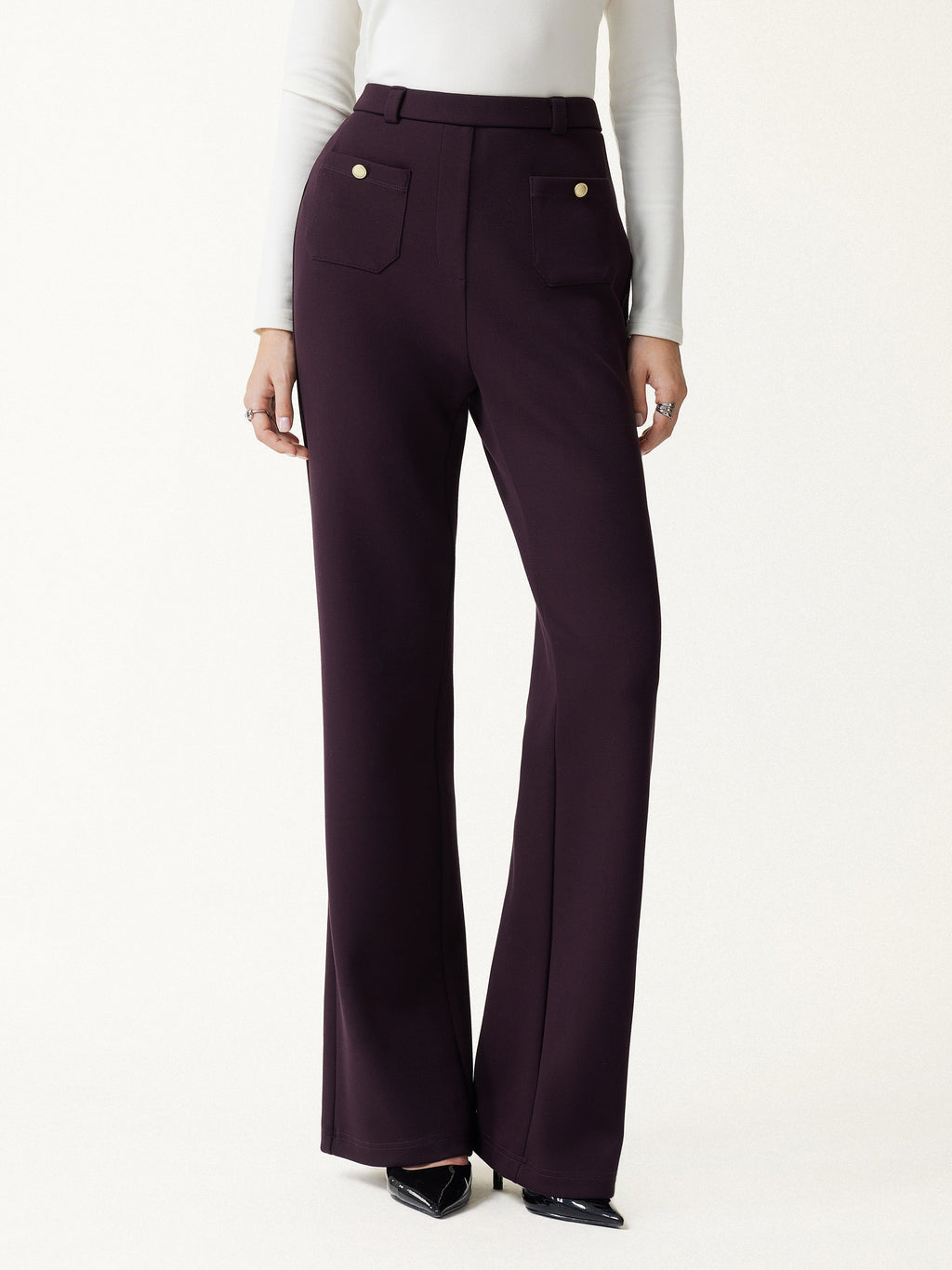 2Pcs Set Round Neck Long Sleeve Belted Jacket with Pockets & Mid-Rise Flared Pants with Pockets
