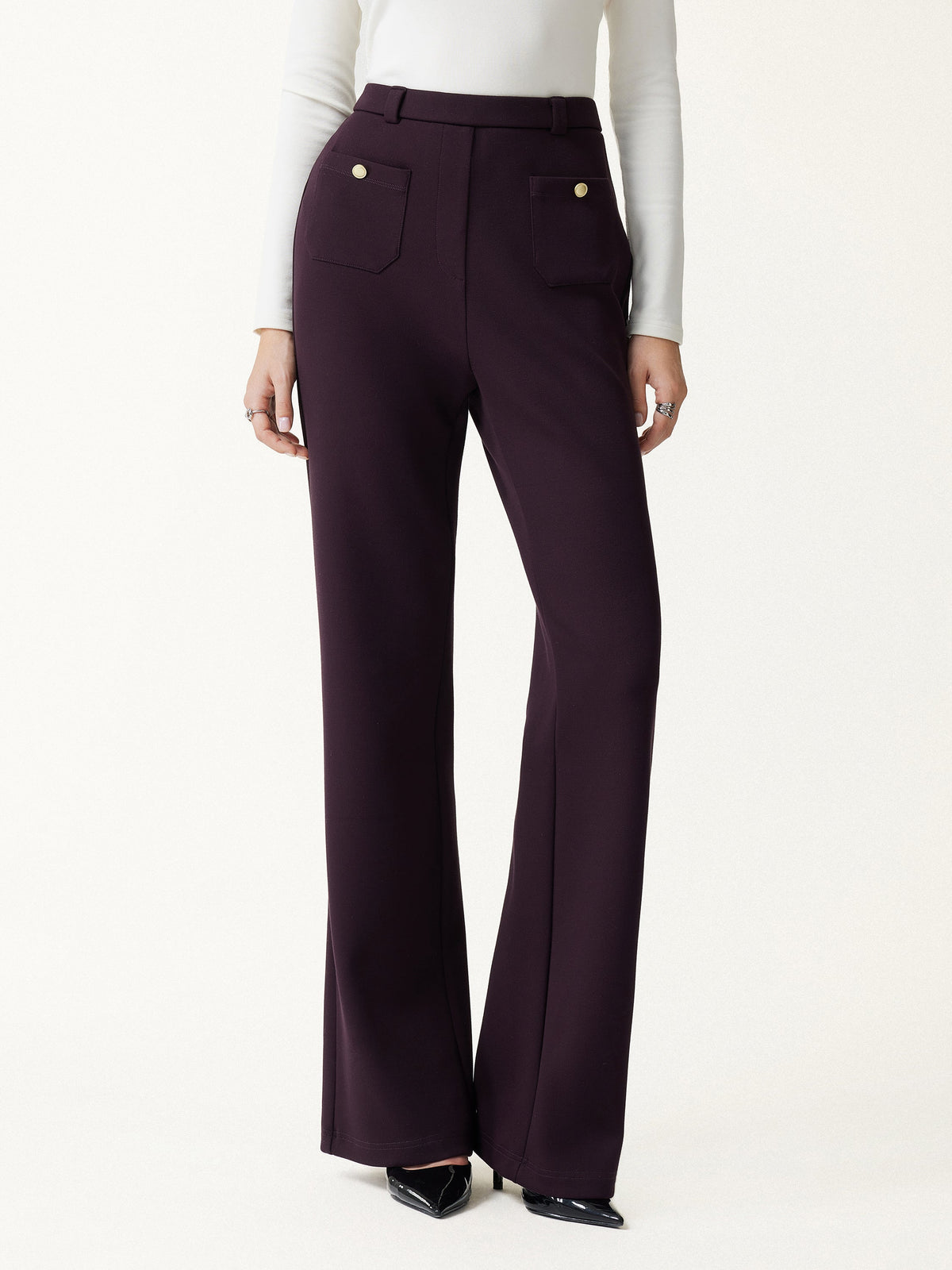 2Pcs Set Round Neck Long Sleeve Belted Jacket with Pockets & Mid-Rise Flared Pants with Pockets