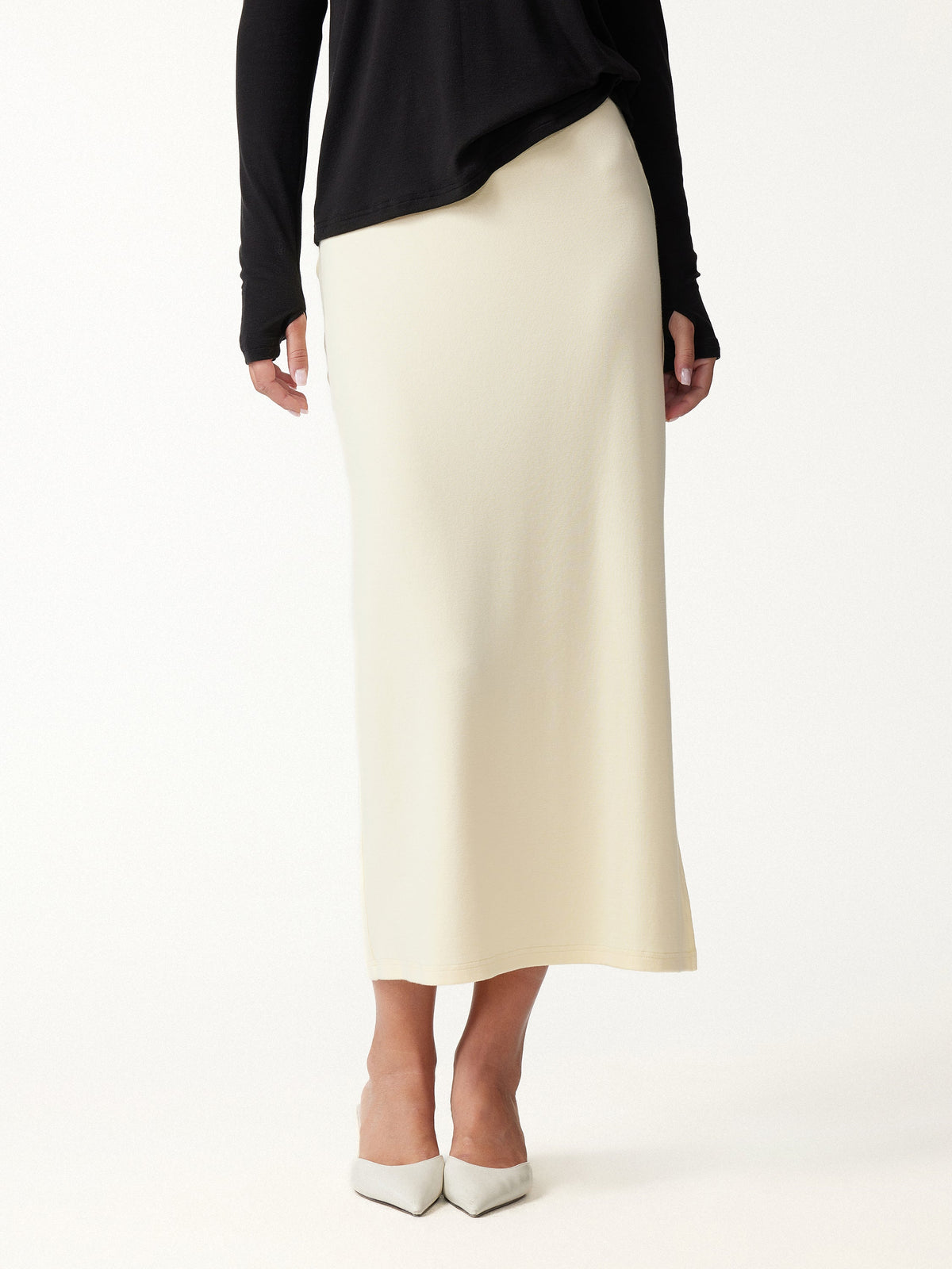 2Pcs Set LiteWarm Boatneck Long Sleeve Top & Mid-Rise Side-Slit Column Midi Skirt