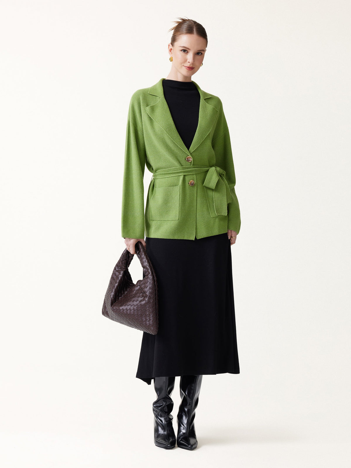 Merino Blend Peaked Lapel Long Sleeve Belted Cardigan with Pockets