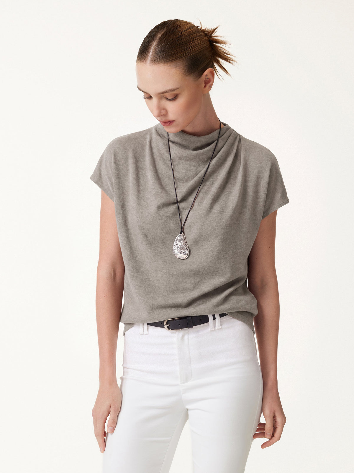 LiteWarm Draped Mock Neck Cap Sleeve Top