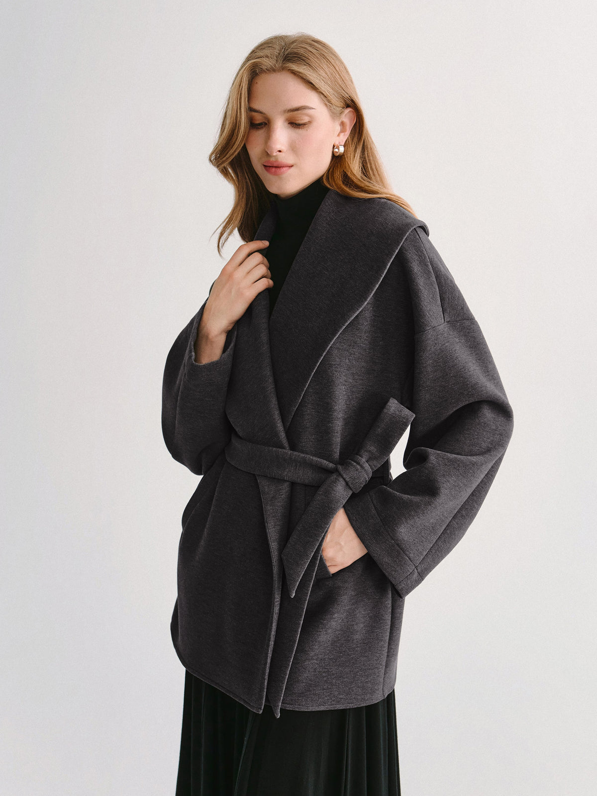 FuzzLuxe Draped Shawl Collar Long Sleeve Belted Jacket