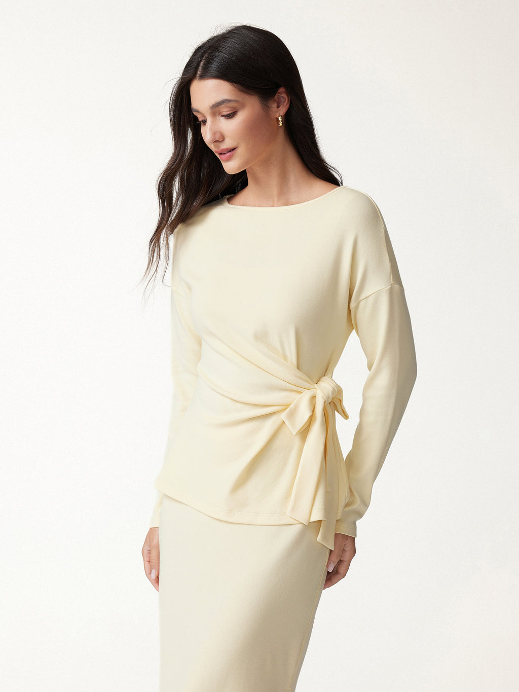 LiteWarm Boatneck Long Sleeve Tie-Waist Top