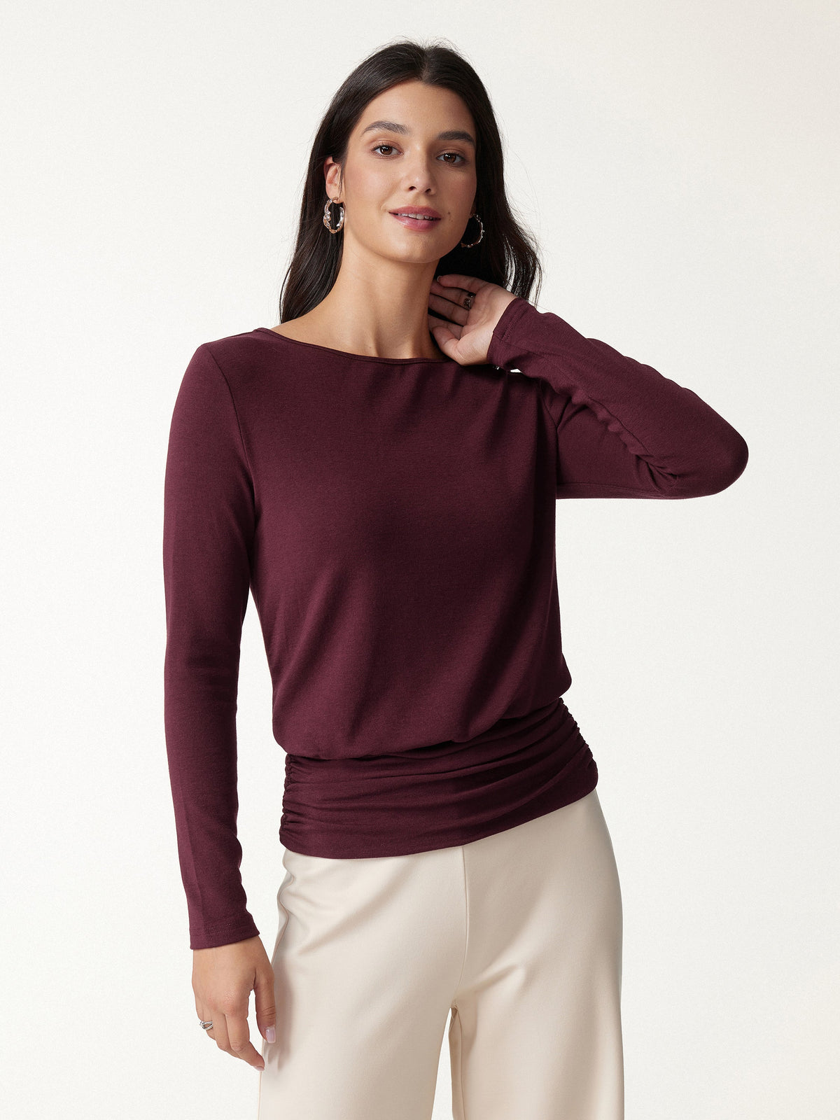 LiteWarm Boatneck Long Sleeve Ruched Banded Hem Top