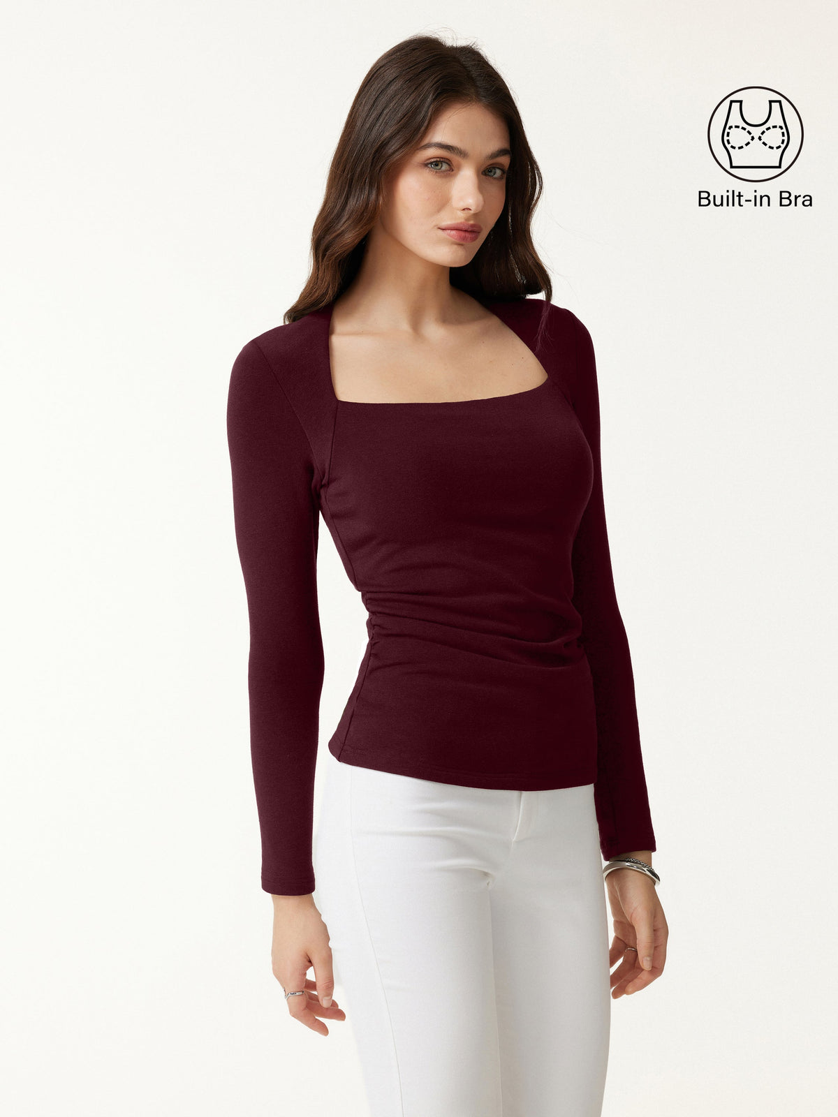 ProWarm Trapeze Neck Long Sleeve Ruched Built-In Bra Top