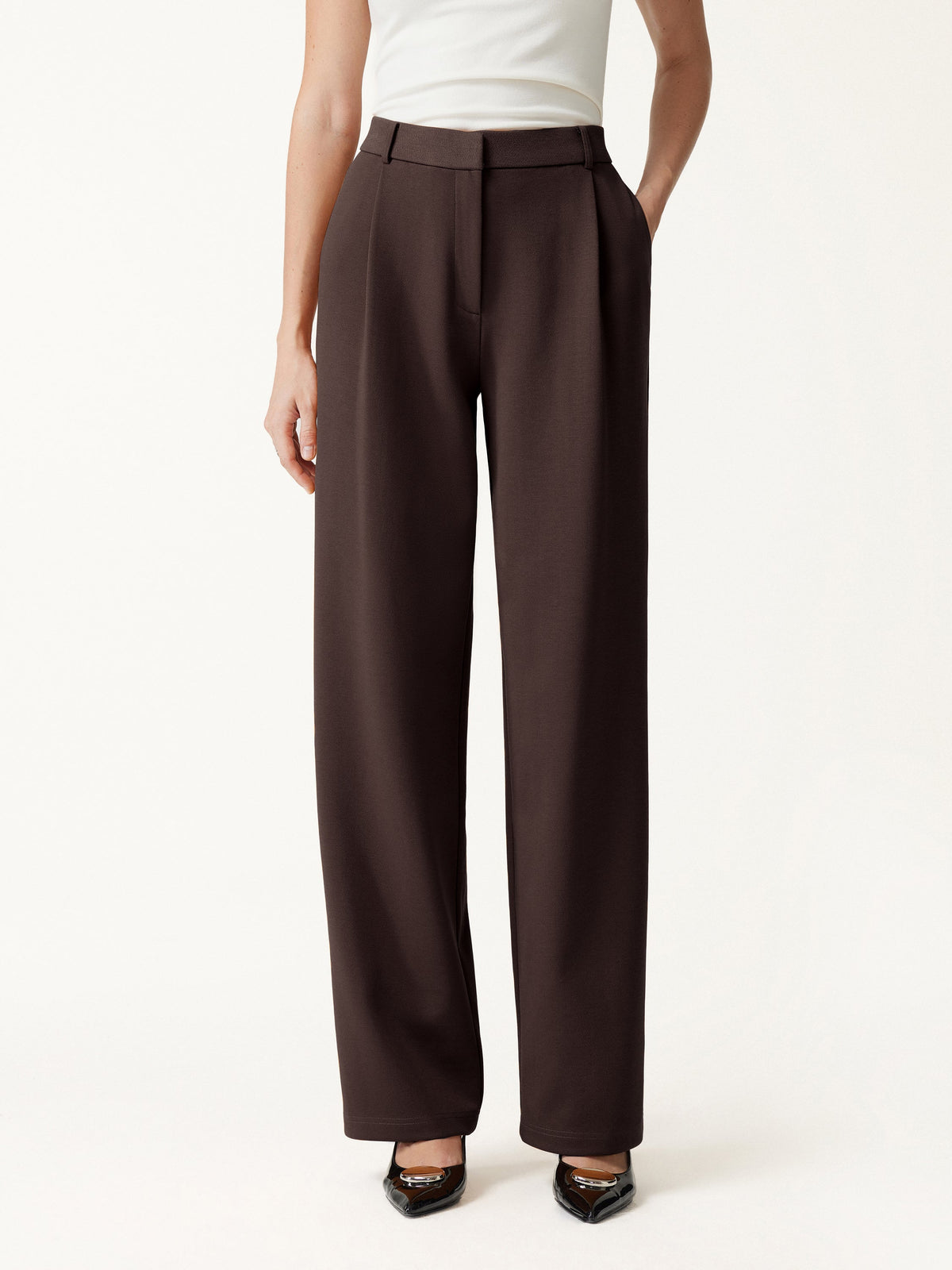 Crosshatch Ponte High-Rise Straight-Leg Tuck Pants with Pockets
