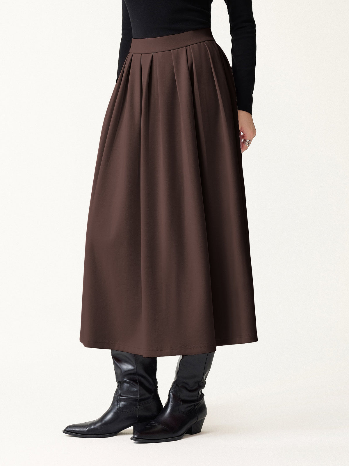 Viscose Ponte High-Rise Tucked Umbrella Midi Skirt with Pockets