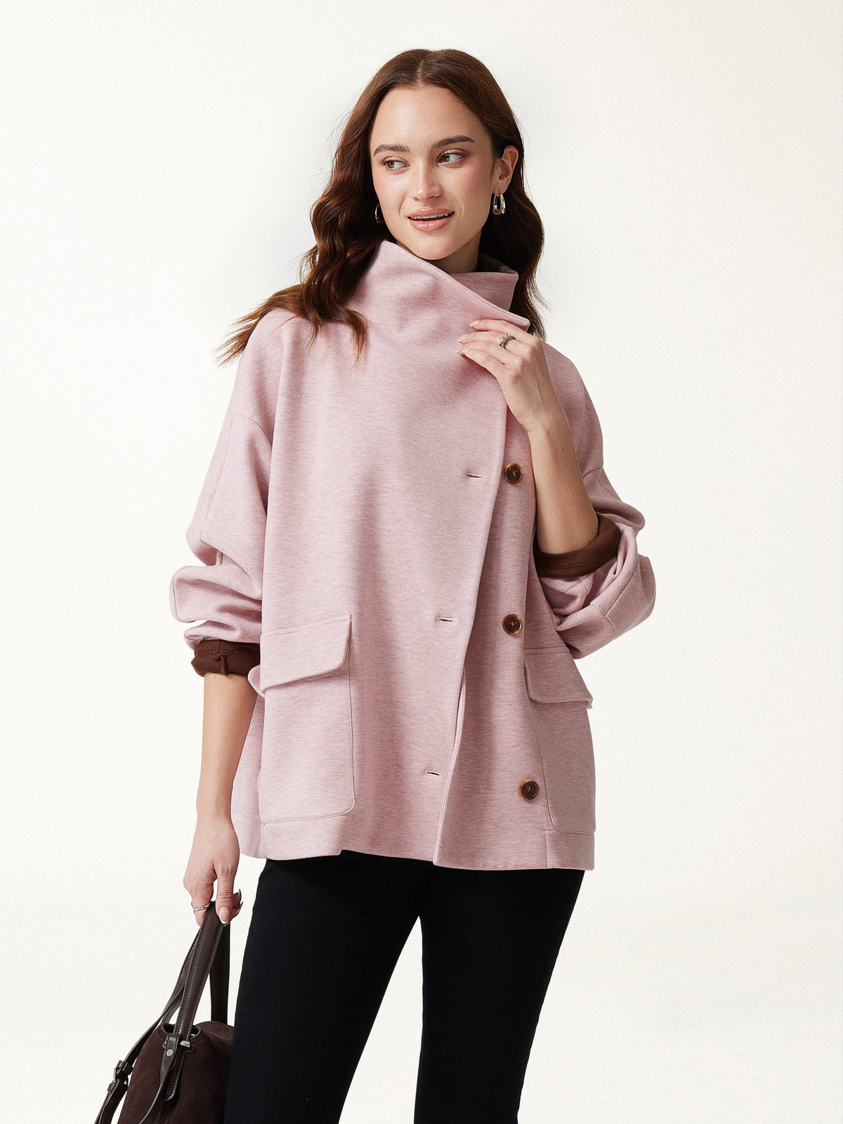 FuzzLuxe Mock Neck Long Sleeve Button-Down Jacket with Pockets