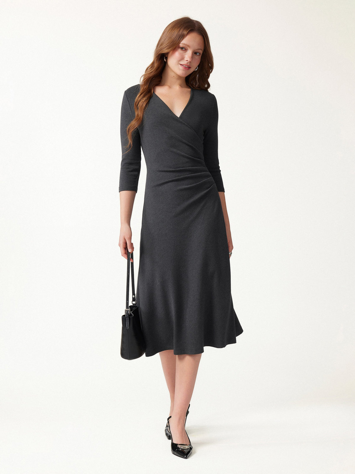 LiteWarm Surplice 3/4 Sleeve Side-Tuck Midi Dress
