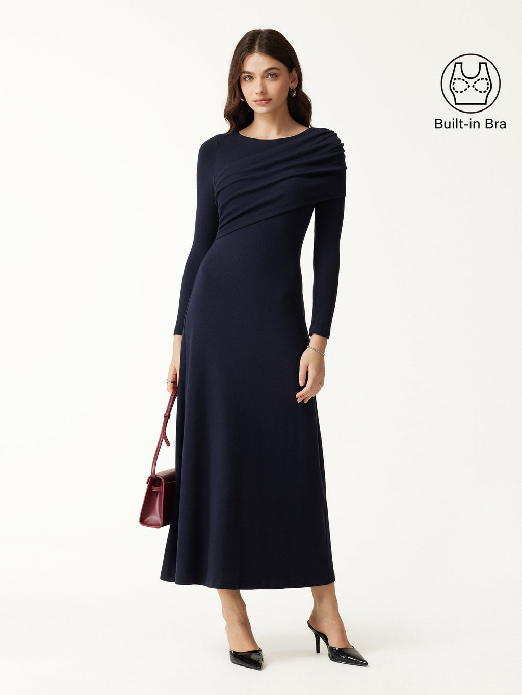 LiteWarm Boatneck Ruched A-Line Midi Built-In Bra Dress 2.0