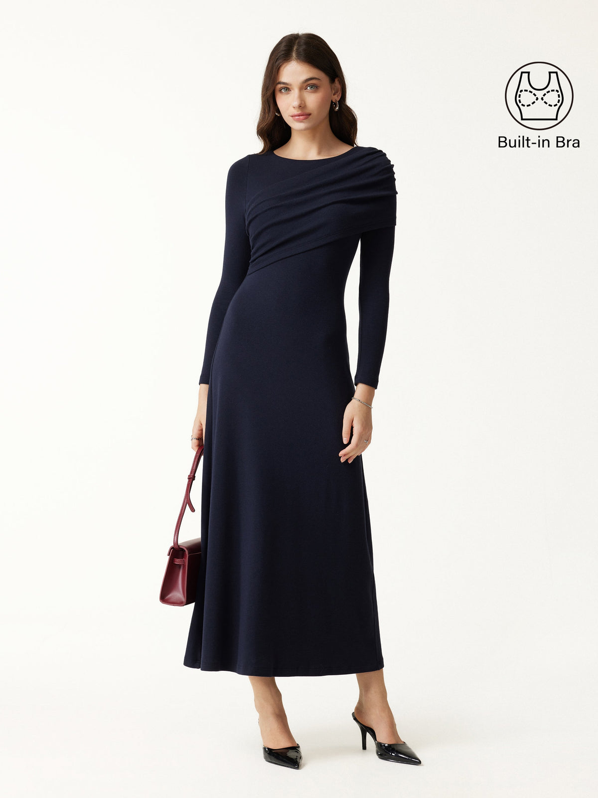 LiteWarm Boatneck Ruched A-Line Midi Built-In Bra Dress 2.0