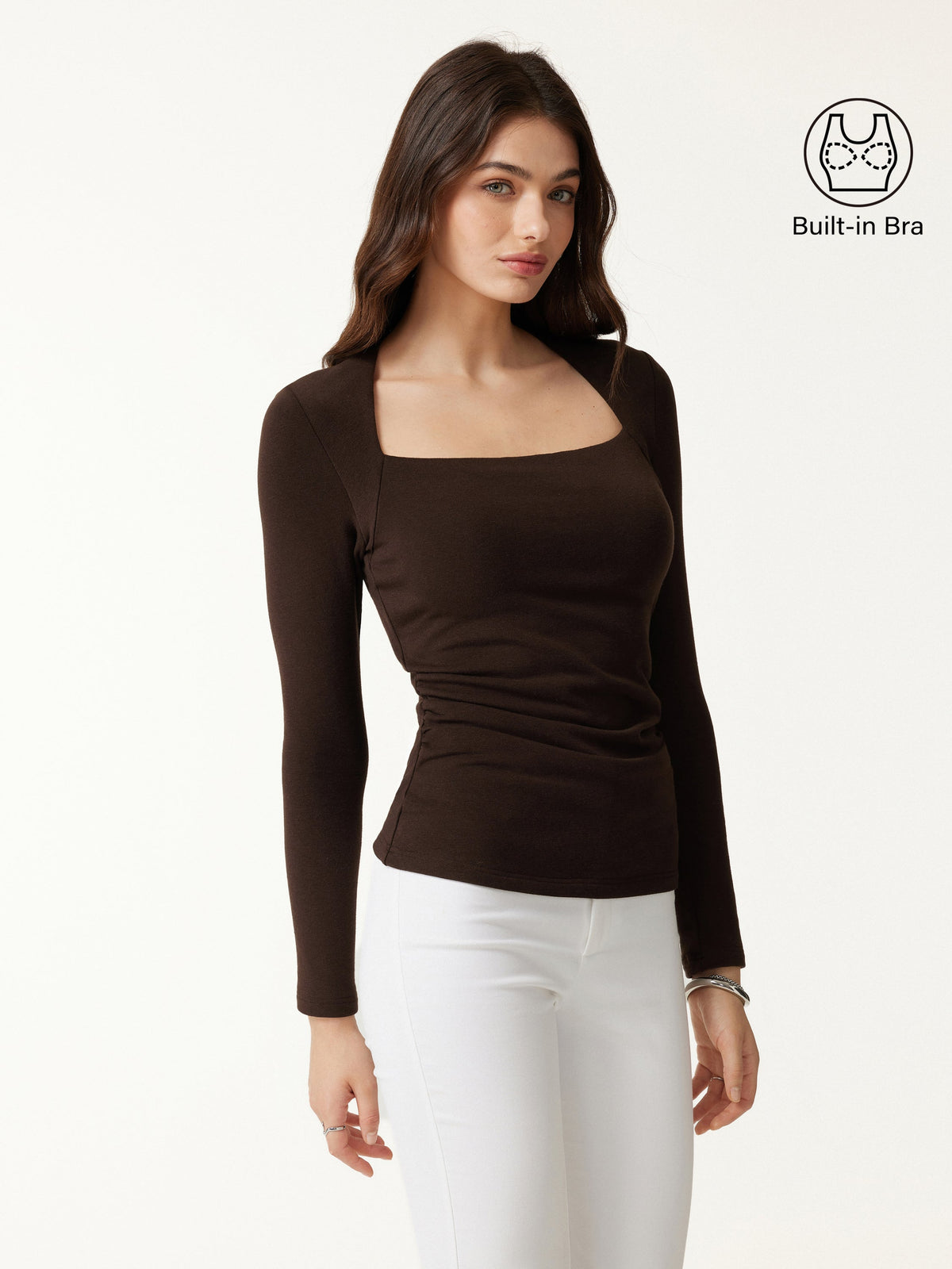 ProWarm Trapeze Neck Long Sleeve Ruched Built-In Bra Top