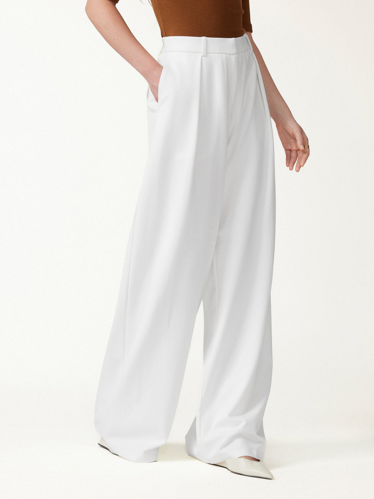 Not-See-Thru High-Rise Wide-Leg Pants with Pockets