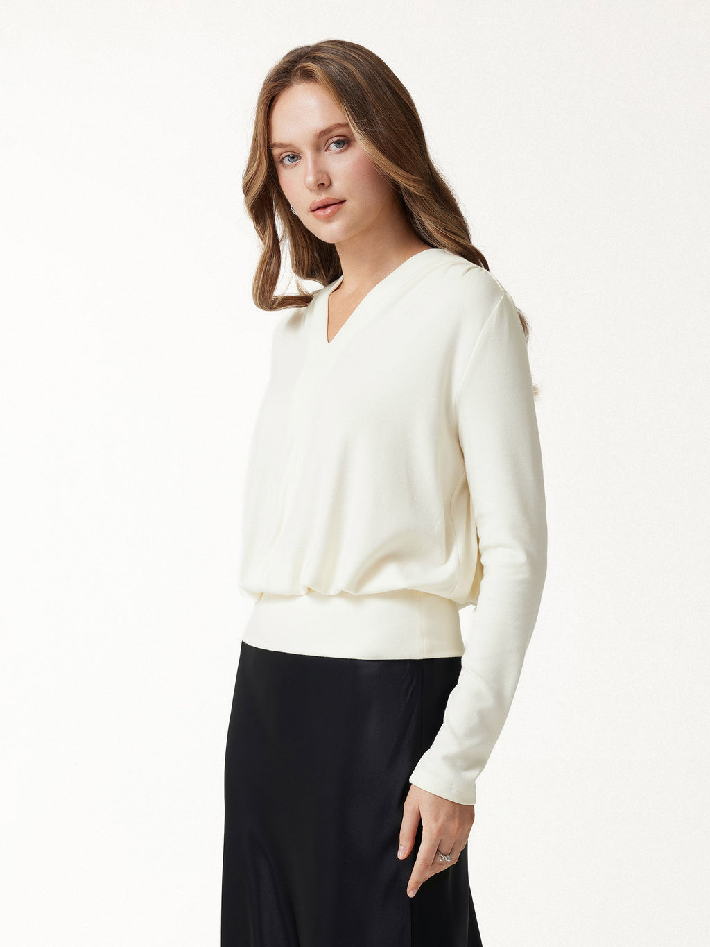 LiteWarm V-Neck Long Sleeve Ruched Banded Hem Top