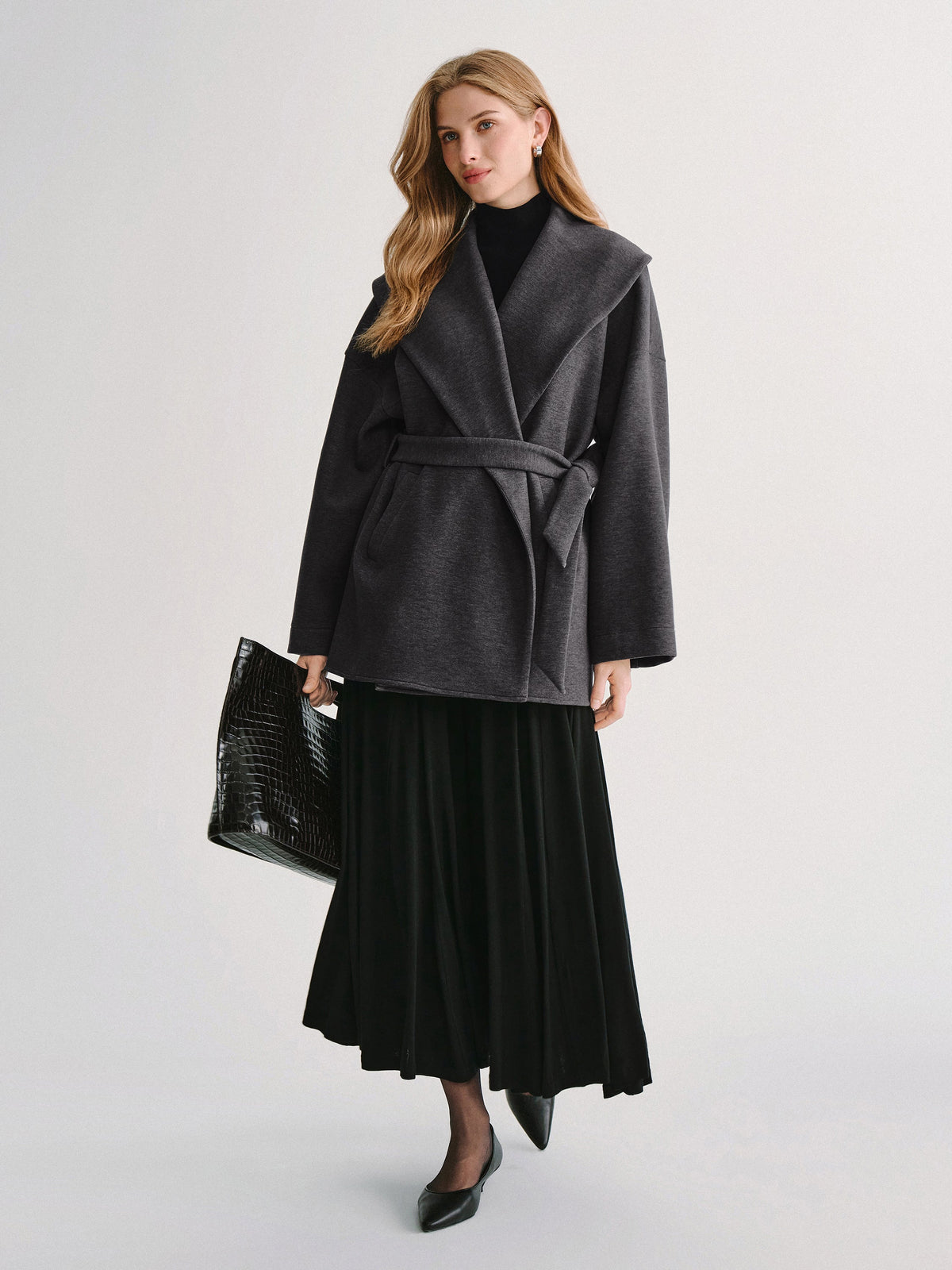 FuzzLuxe Draped Shawl Collar Long Sleeve Belted Jacket
