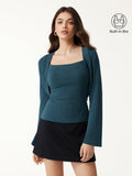 2-Piece Top Set LiteWarm Square Neck Spaghetti Strap Bell Sleeve Built-In Bra Cami 2.0