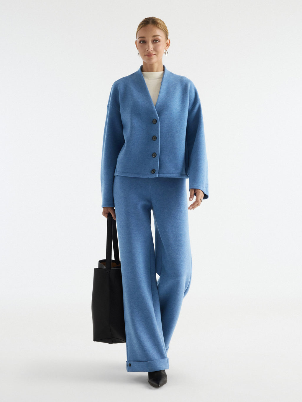 2Pcs Set V-Neck Button-Down Cardigan with Pockets & High-Rise Wide-Leg Pants with Pockets