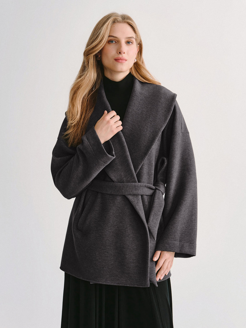 FuzzLuxe Draped Shawl Collar Long Sleeve Belted Jacket