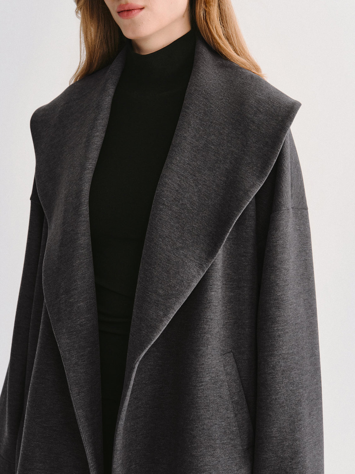 FuzzLuxe Draped Shawl Collar Long Sleeve Belted Jacket