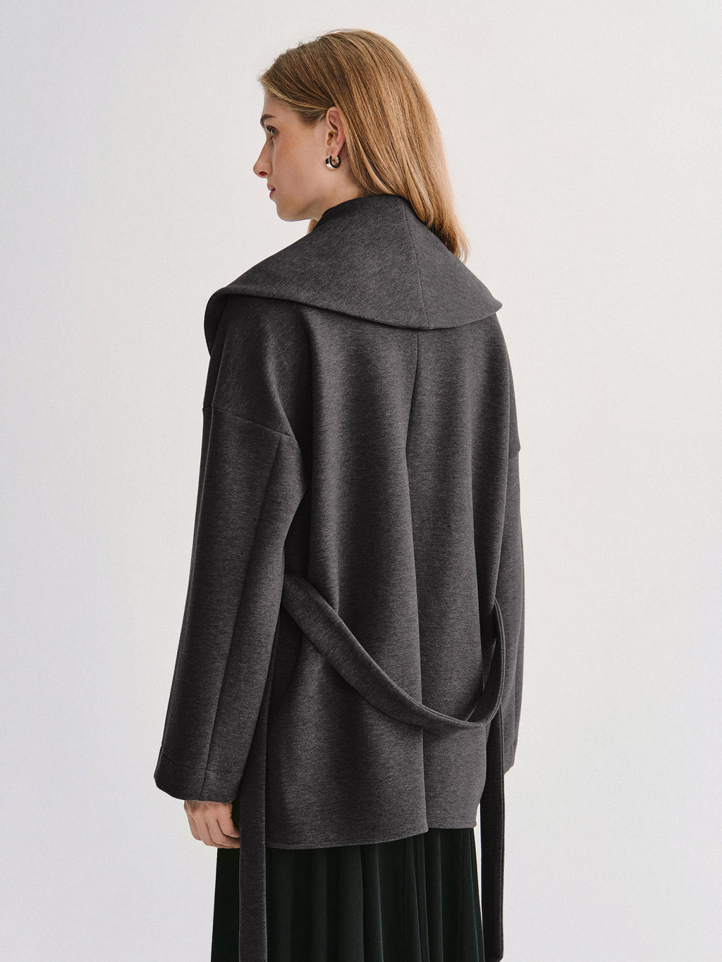 FuzzLuxe Draped Shawl Collar Long Sleeve Belted Jacket