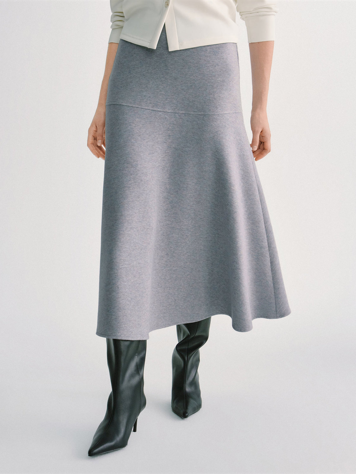 2Pcs Set Ruched Sides Tuckable Mockneck Top & Flared Midi Skirt