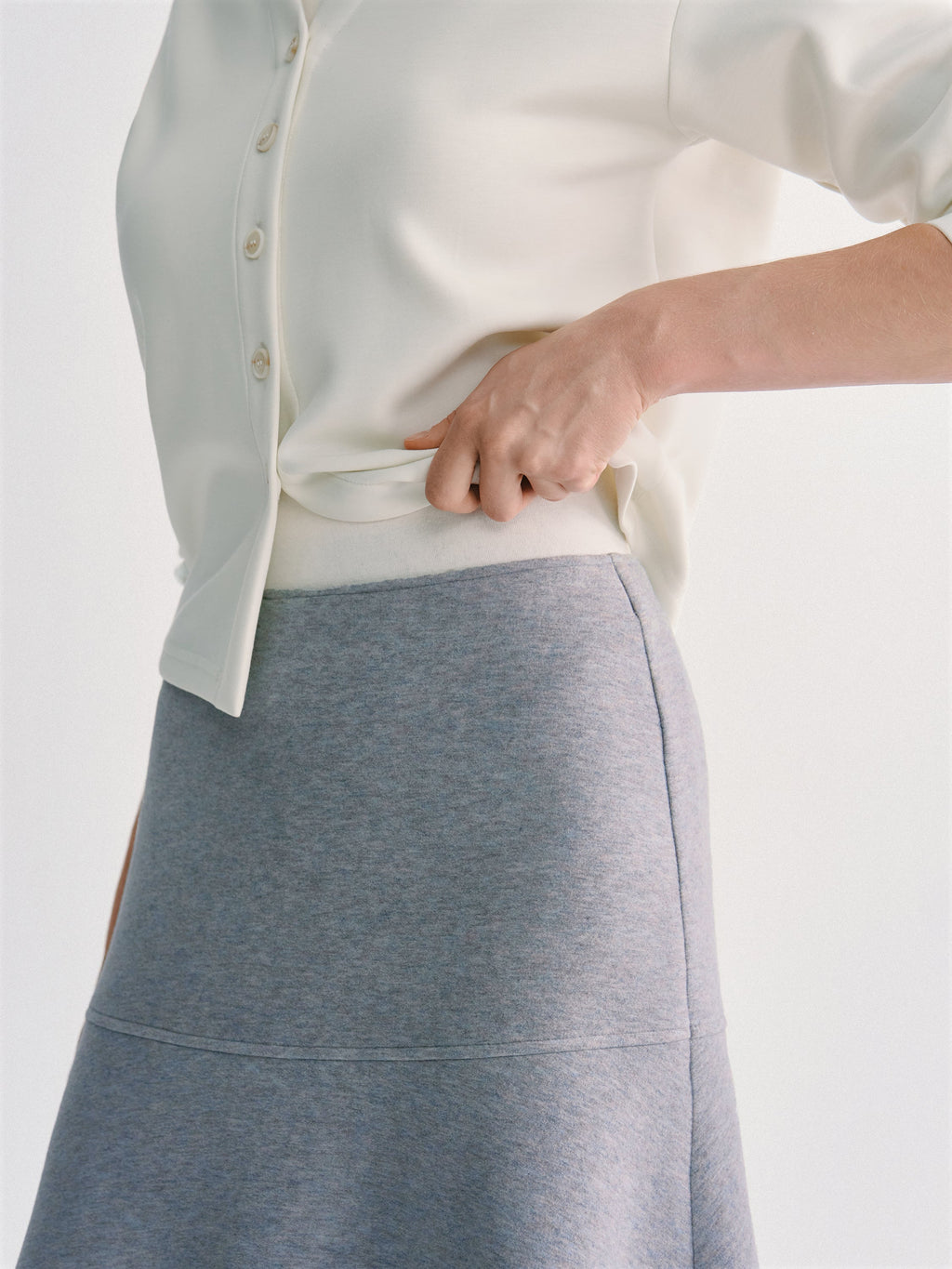 2Pcs Set Ruched Sides Tuckable Mockneck Top & Flared Midi Skirt