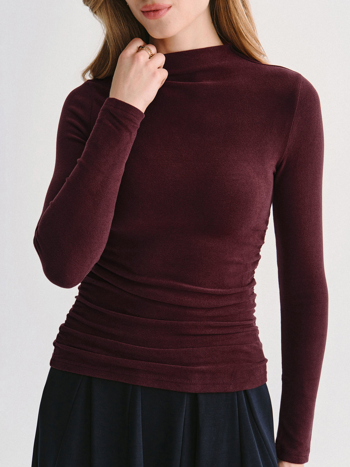2Pcs Set Ruched Sides Tuckable Mockneck Top & Flared Midi Skirt