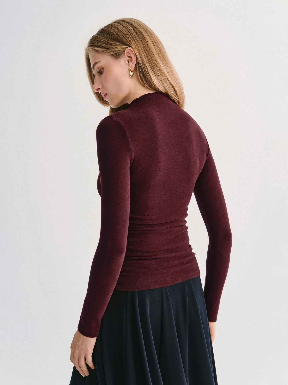 2Pcs Set Ruched Sides Tuckable Mockneck Top & Flared Midi Skirt