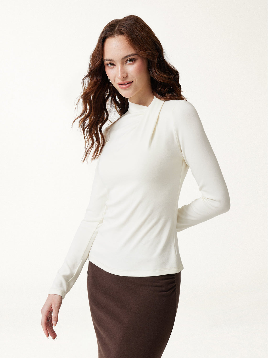 LiteWarm Draped Mock Neck Long Sleeve Shoulder-Tuck Top