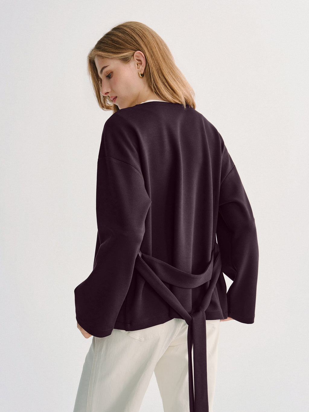 2Pcs Set Round Neck Long Sleeve Belted Jacket with Pockets & Mid-Rise Flared Pants with Pockets