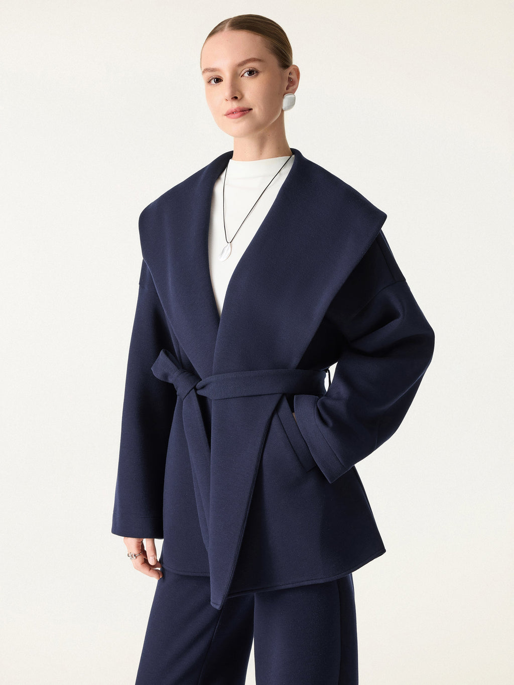 FuzzLuxe Draped Shawl Collar Long Sleeve Belted Jacket