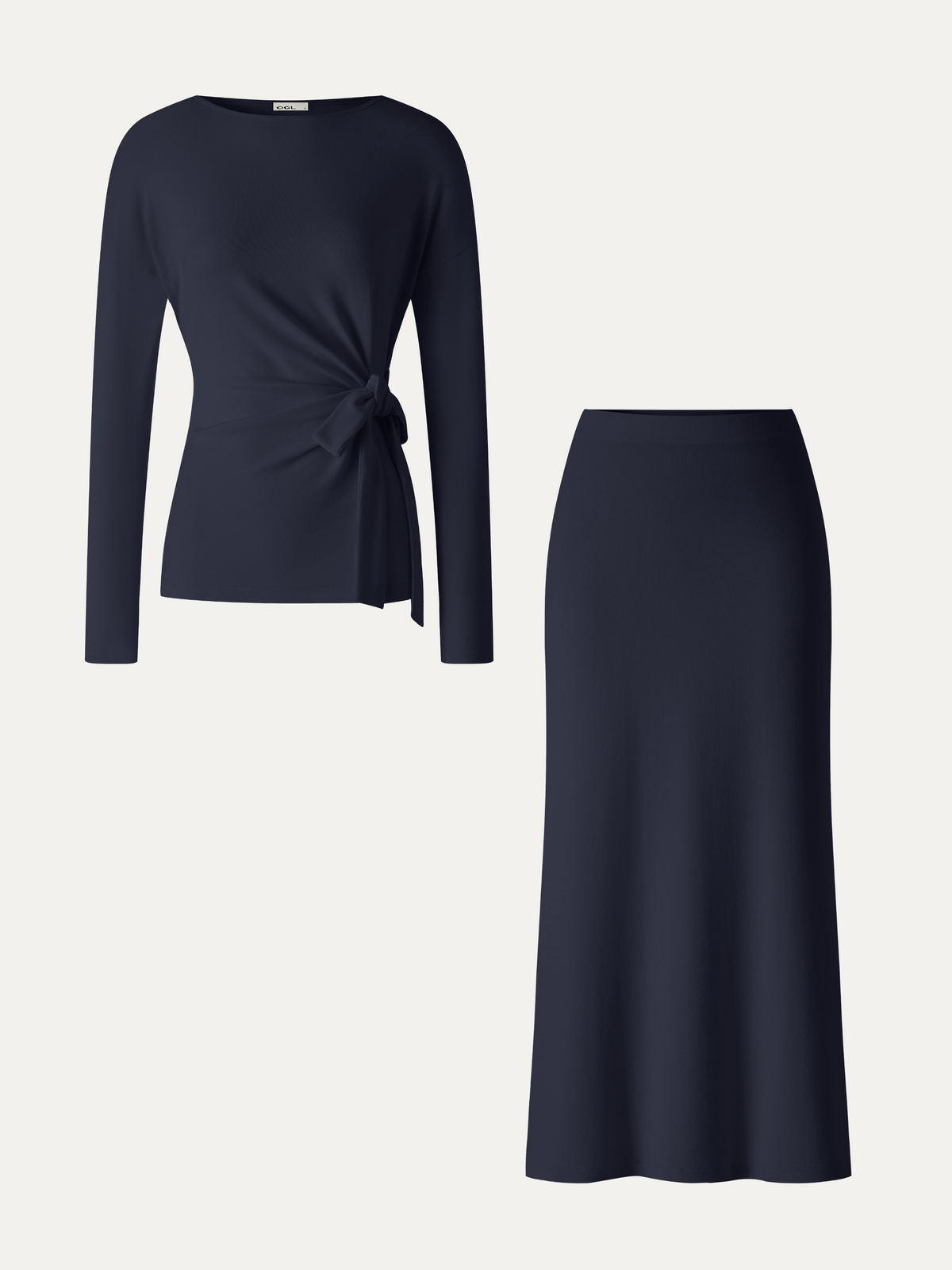 2Pcs Set LiteWarm Boatneck Long Sleeve Top & Mid-Rise Side-Slit Column Midi Skirt