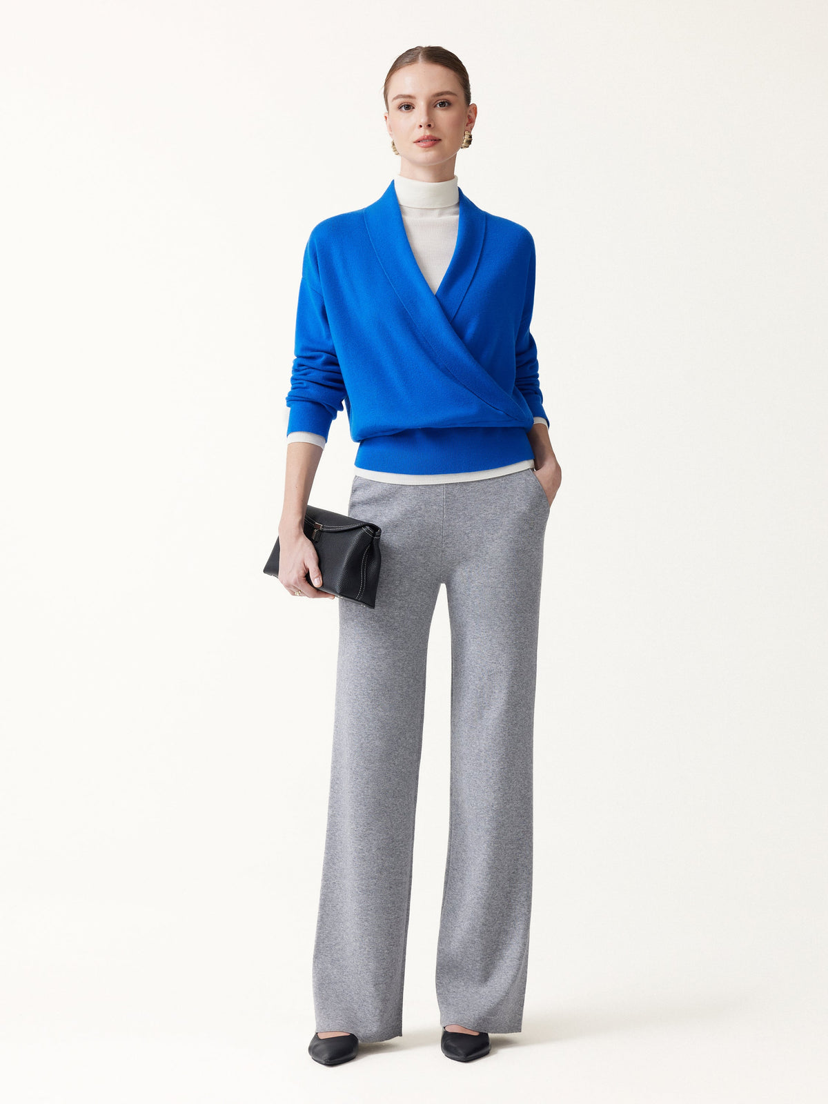 Merino Wool Blend Cross Shawl Collar Banded Sweater