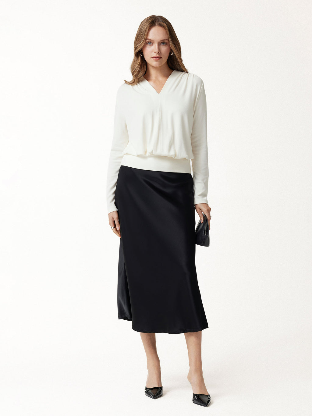 LiteWarm V-Neck Long Sleeve Ruched Banded Hem Top