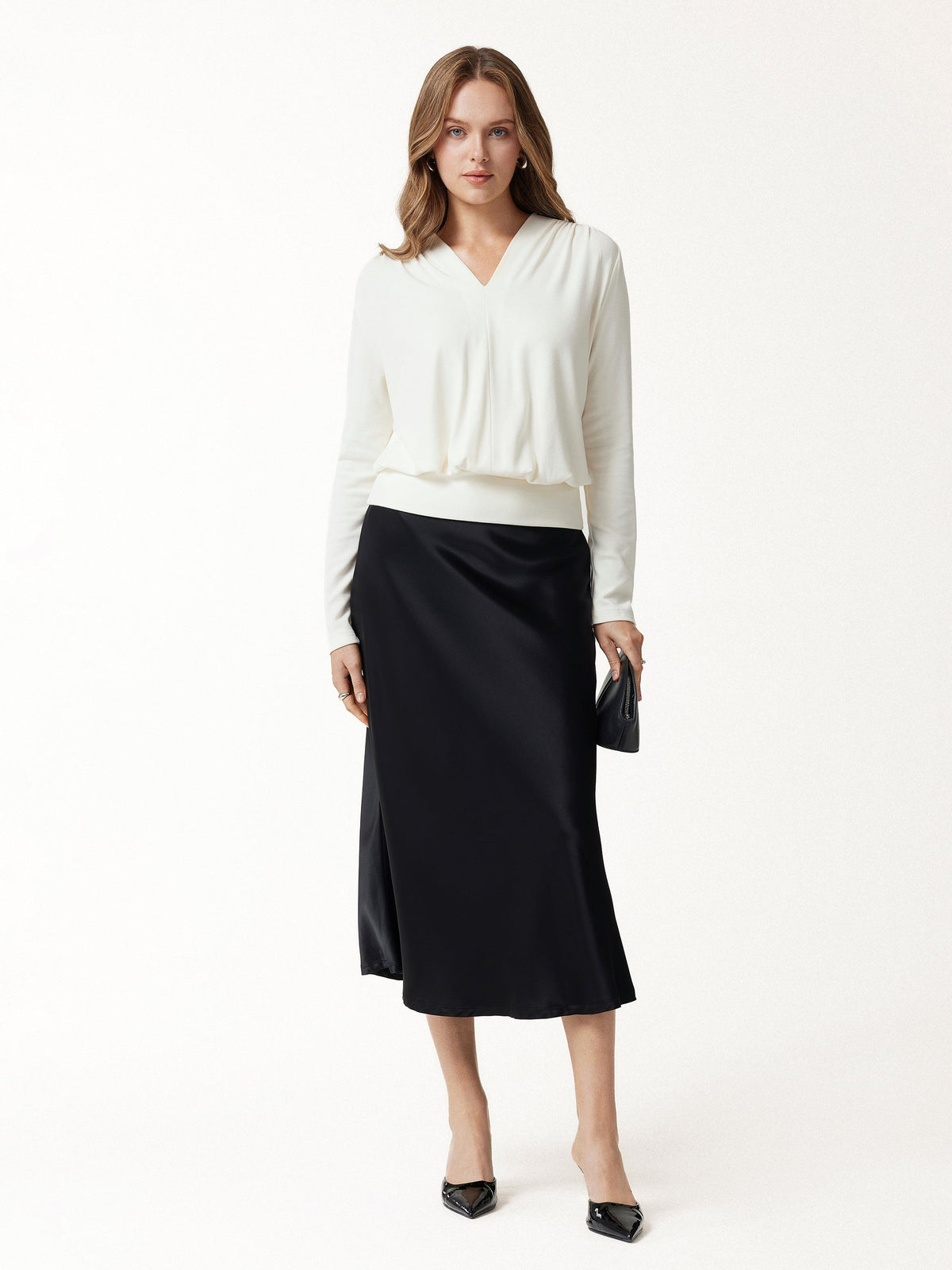 LiteWarm V-Neck Long Sleeve Ruched Banded Hem Top