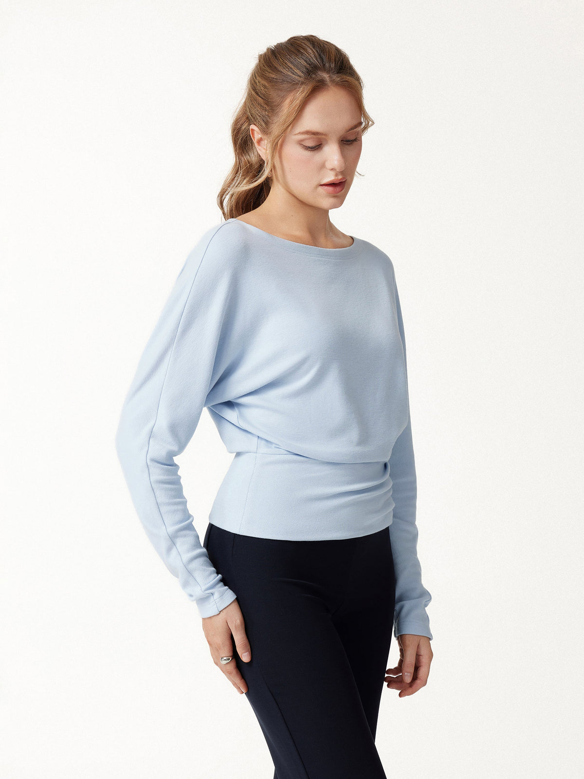 LiteWarm Slash Neck Batwing Sleeve Cinched Waist Top