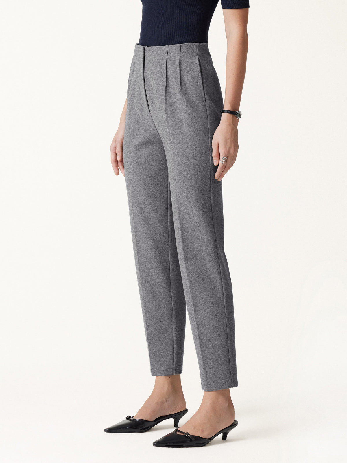 Ponte Mid-Rise Ankled Tapered Tuck Pants with Pockets