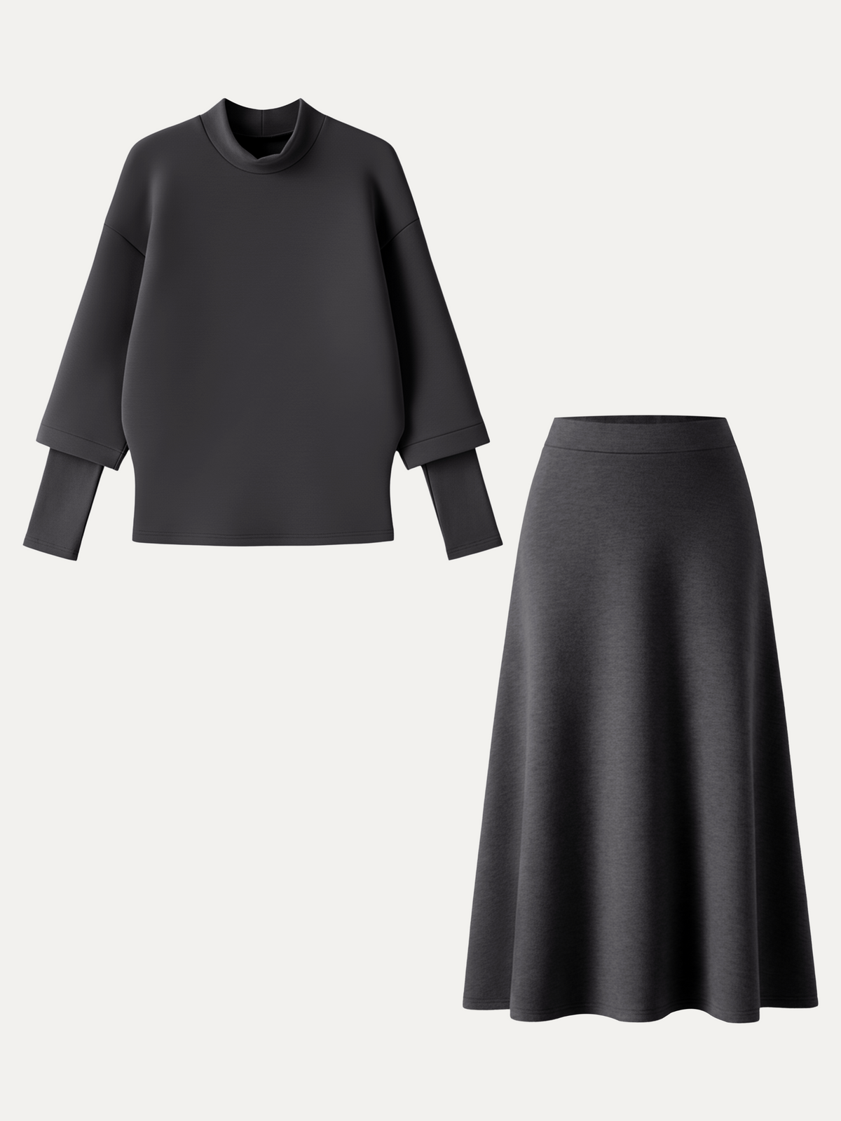 2Pcs Set FuzzLuxe Mockneck Sleeve-Warmer Top &  Midi A-line Circle Skirt