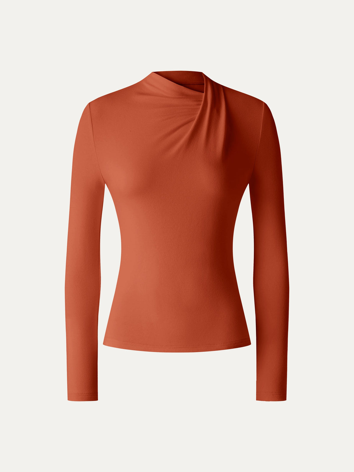 LiteWarm Draped Mock Neck Long Sleeve Shoulder-Tuck Top