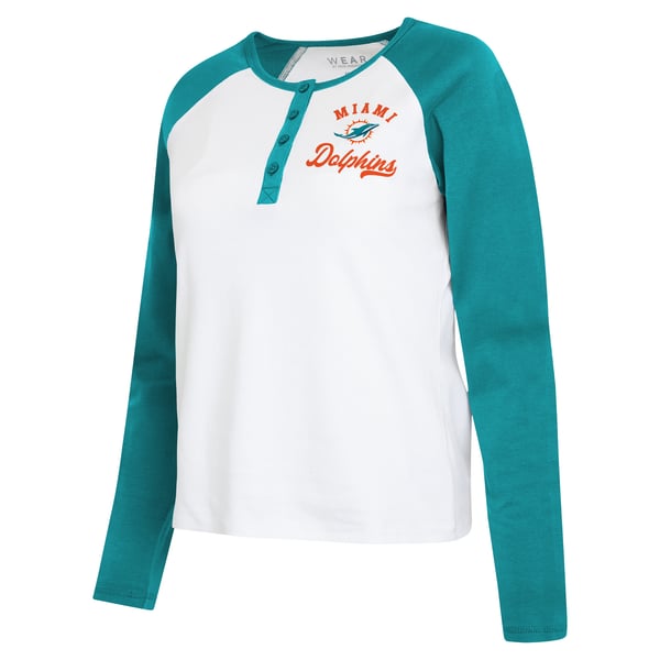 Miami Dolphins WEAR by Erin Andrews Women's Henley Long Sleeve Raglan T-Shirt - White/Aqua