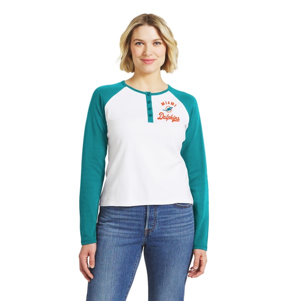 Miami Dolphins WEAR by Erin Andrews Women's Henley Long Sleeve Raglan T-Shirt - White/Aqua