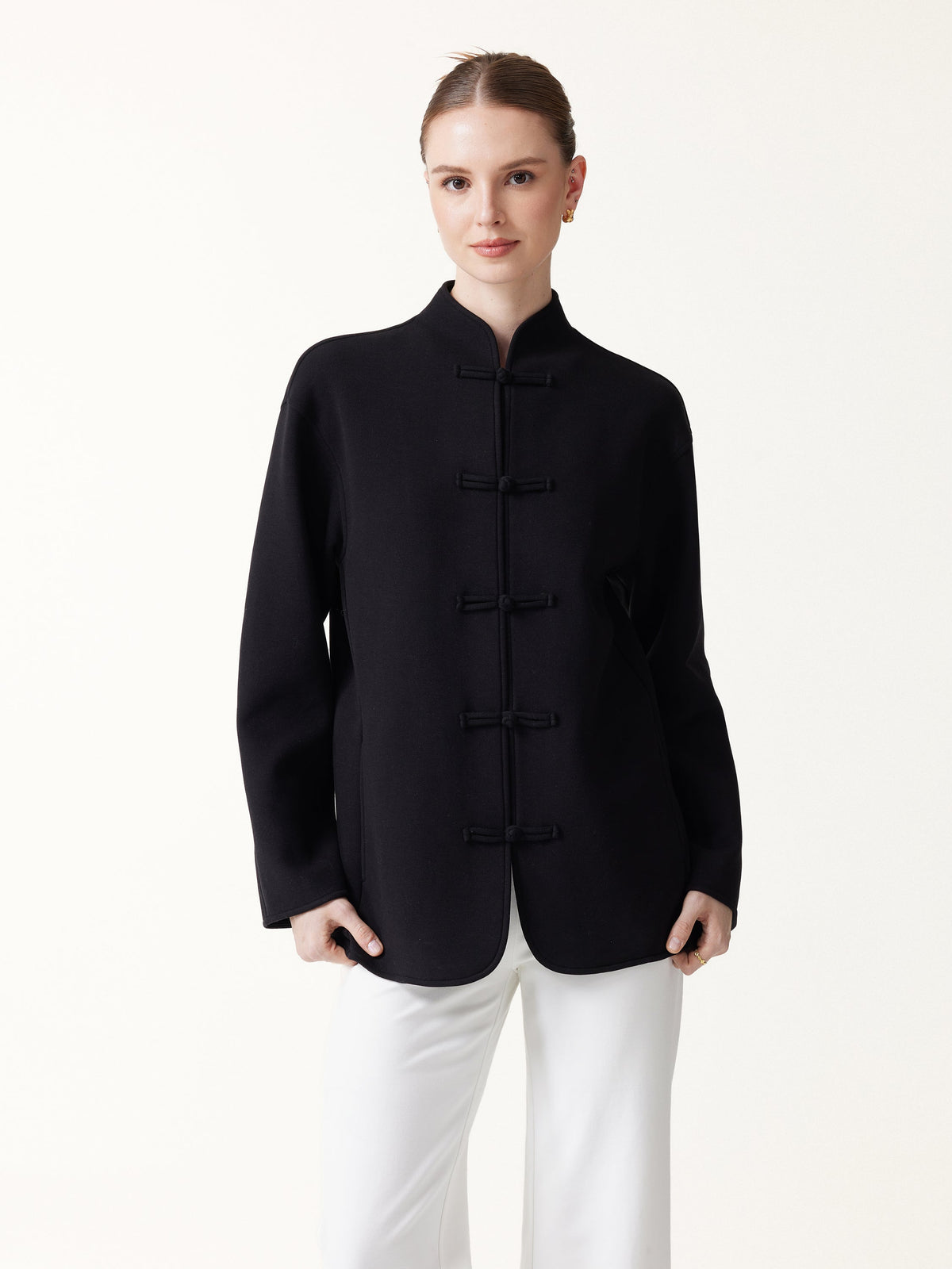 FuzzLuxe Mandarin Collar Frog-Button Jacket with Pockets