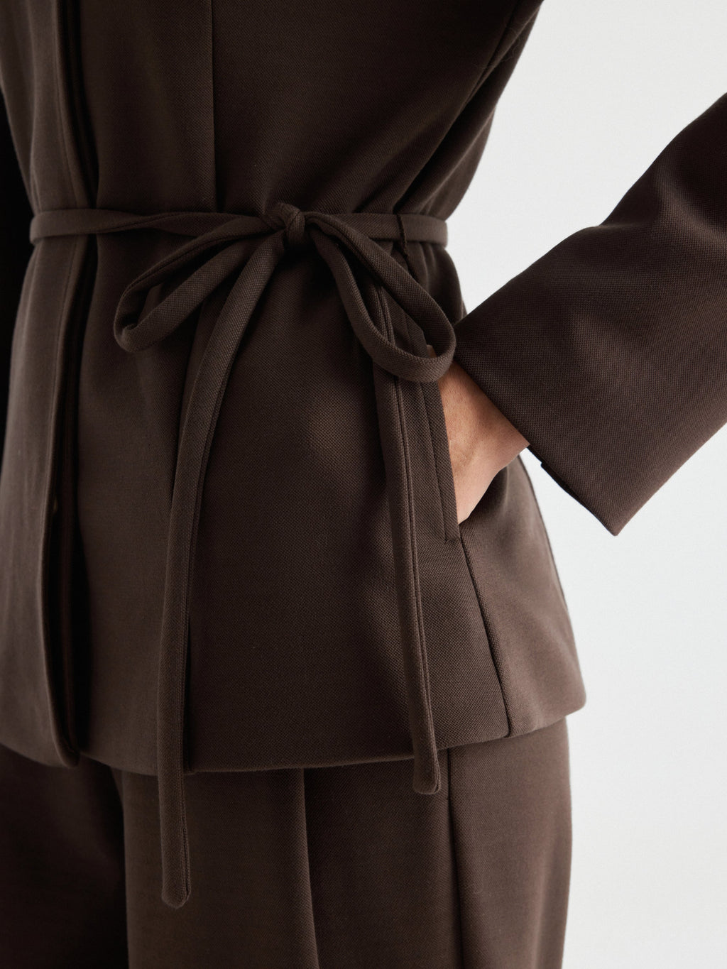 2Pcs Set Round Neck Belted Jacket with Pockets & High-Rise Wide-Leg Pants with Pockets