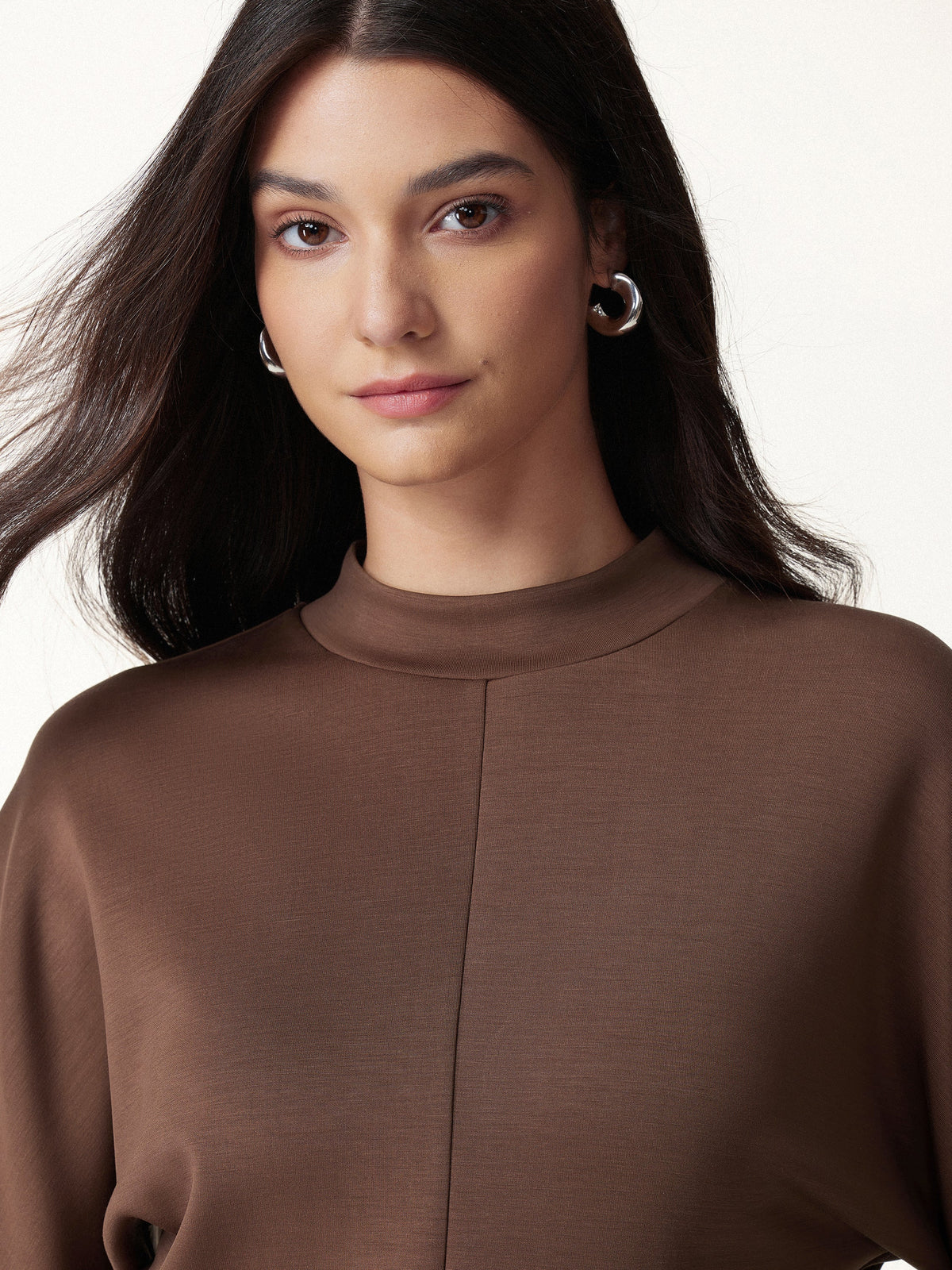 Modal Spacer Knit Mock Neck Batwing Sleeve Banded Hem Top
