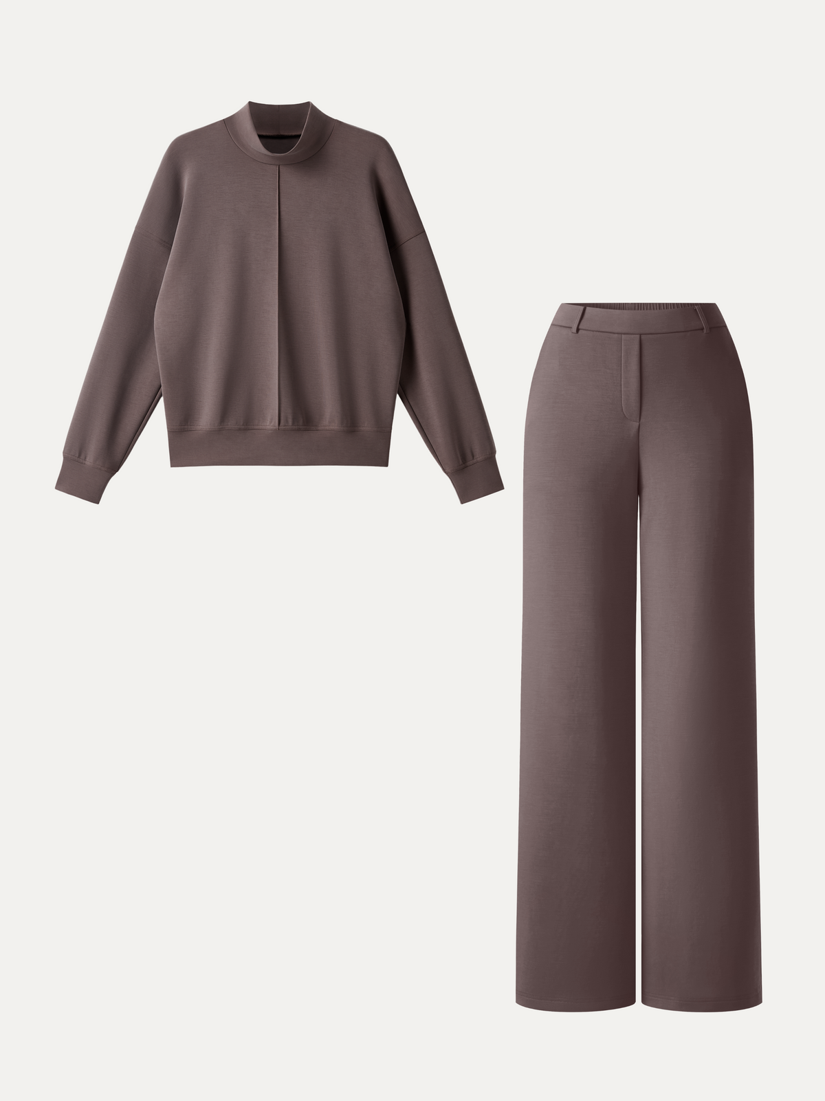 2Pcs Set Mockneck Long Sleeve Shirt & High-Rise Wide Leg Pants with Pockets