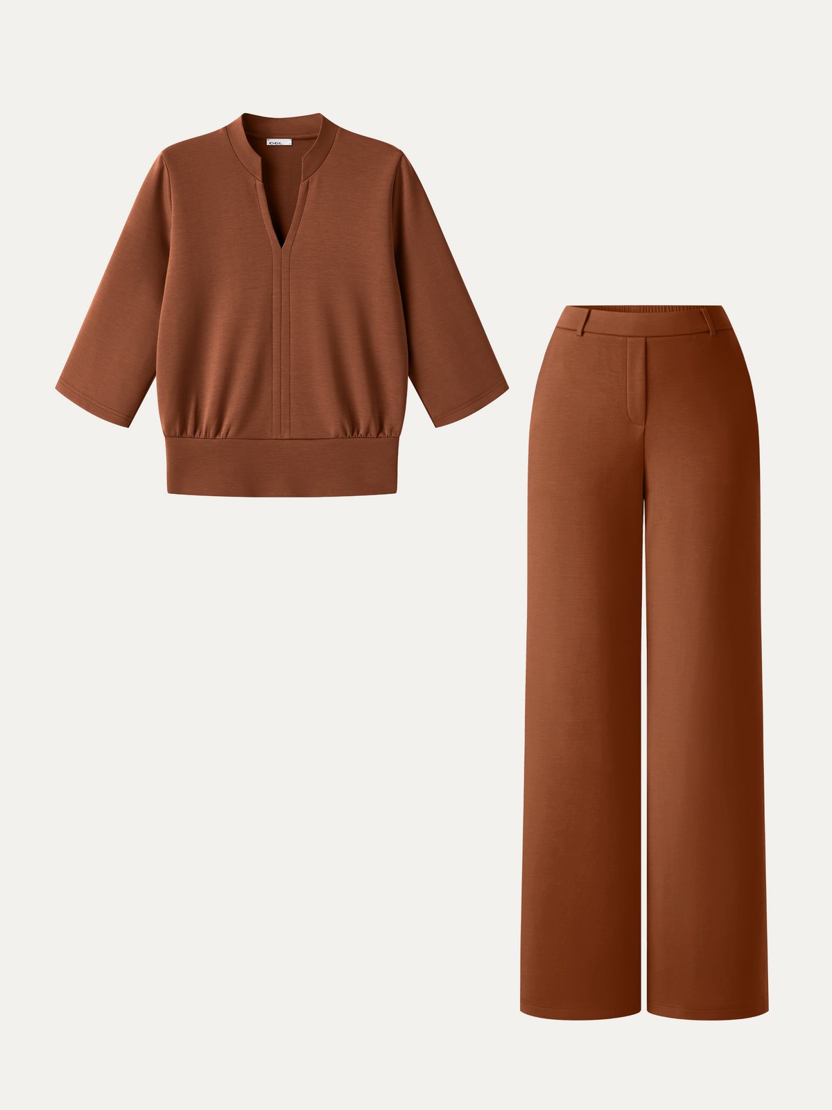 2Pcs Set V-Neck Elbow Sleeve Top & High-Rise Wide Leg Pants with Pockets