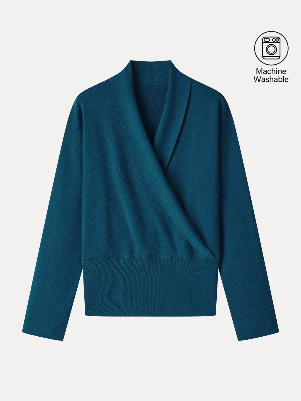 Merino Wool Blend Cross Shawl Collar Banded Sweater