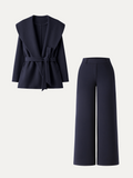 2Pcs Set Petite Belted Shawl Collar Robe Jacket & Straight Pants with Pockets