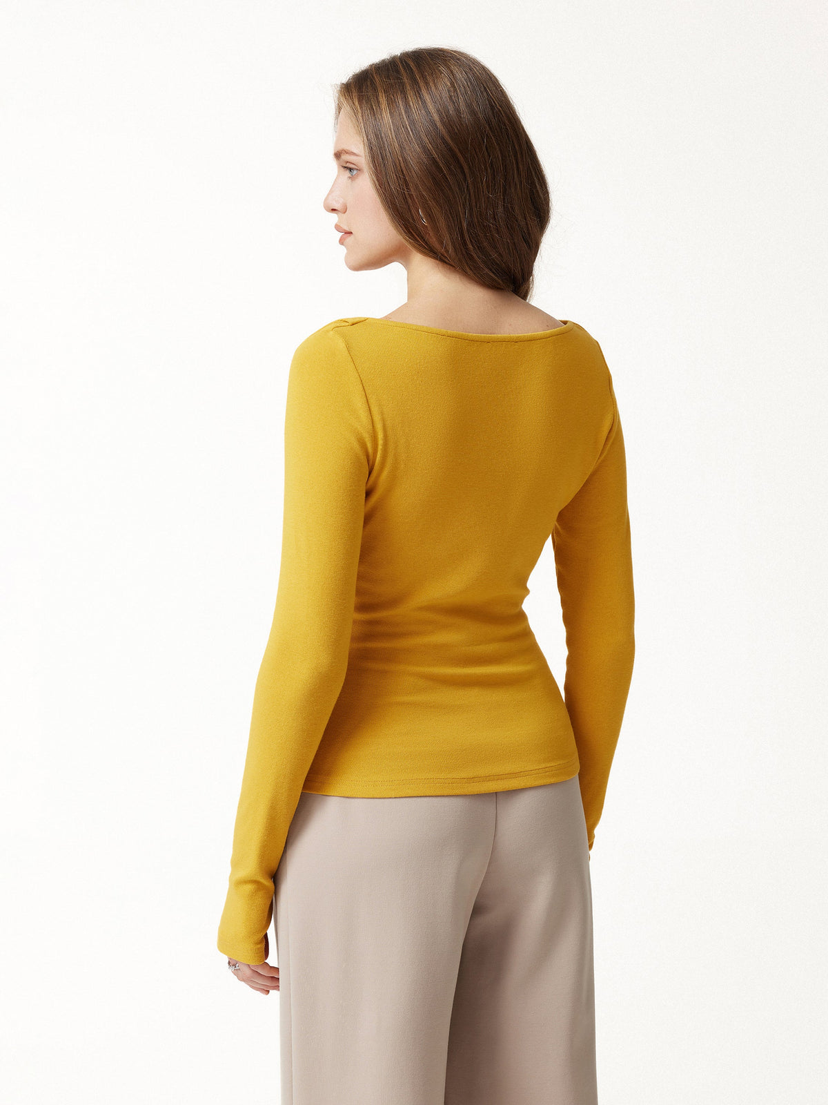 LiteWarm Asymmetrical Neck Long Sleeve Ruched Top